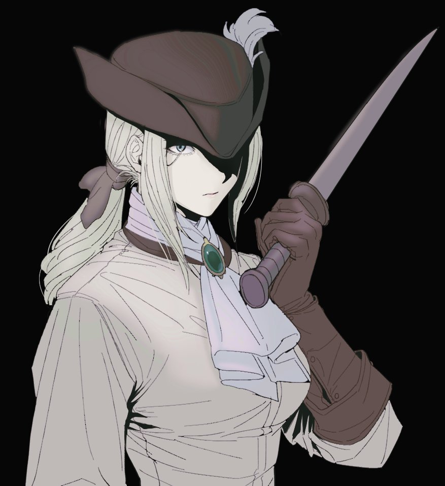1girl, ascot, black_background, blonde_hair, bloodborne, breasts, brown_gloves, brown_hat