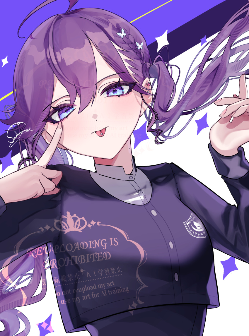 1girl, absurdres, ahoge, akanbe, black_jacket, blue_eyes, butterfly_hair_ornament, commentary_request