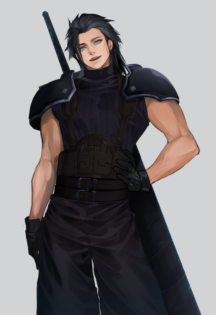 1boy, armor, belt, belt_buckle, black_gloves, black_hair, black_pants, black_sweater