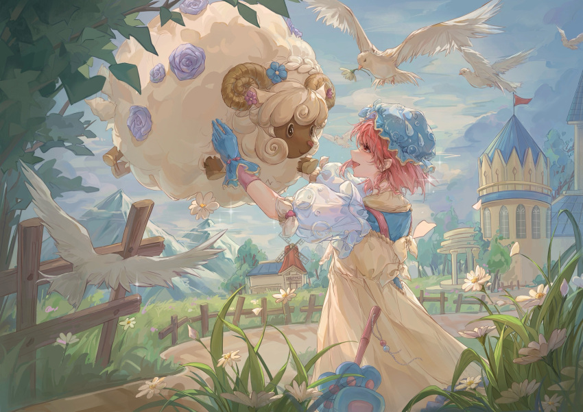 1girl, absurdres, animal, artist_request, bag, bird, blue_bag, blue_flower, blue_gloves, blue_hat, blue_shirt, blue_sky, bow, braid, brown_eyes, bubble_print, bye-bye_dust_(infinity_nikki), castle, clouds, cloudy_sky, cowboy_shot, daisy, day, dove, dress, eyelashes, fence, flag, florasheep, flower, frilled_dress, frilled_headwear, frilled_sleeves, frills, gloves, grass, happy, hat, highres, holding, holding_animal, infinity_nikki, looking_at_animal, mob_cap, mountain, nikki_(nikki), nikki_(series), open_mouth, outdoors, path, paw_print, petals, pink_bow, pink_hair, puffy_short_sleeves, puffy_sleeves, purple_flower, purple_rose, rose, sheep, shirt, shirt_under_dress, short_dress, short_hair, short_sleeves, shoulder_bag, sky, smile, standing, strap, third-party_source, tree, twin_braids, white_flower, wrist_bow, yellow_dress