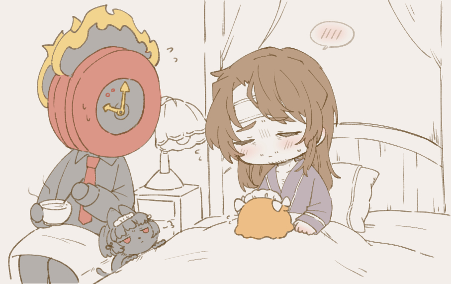 1boy, 1other, animalization, bed, black_gloves, black_shirt, brown_hair, clock