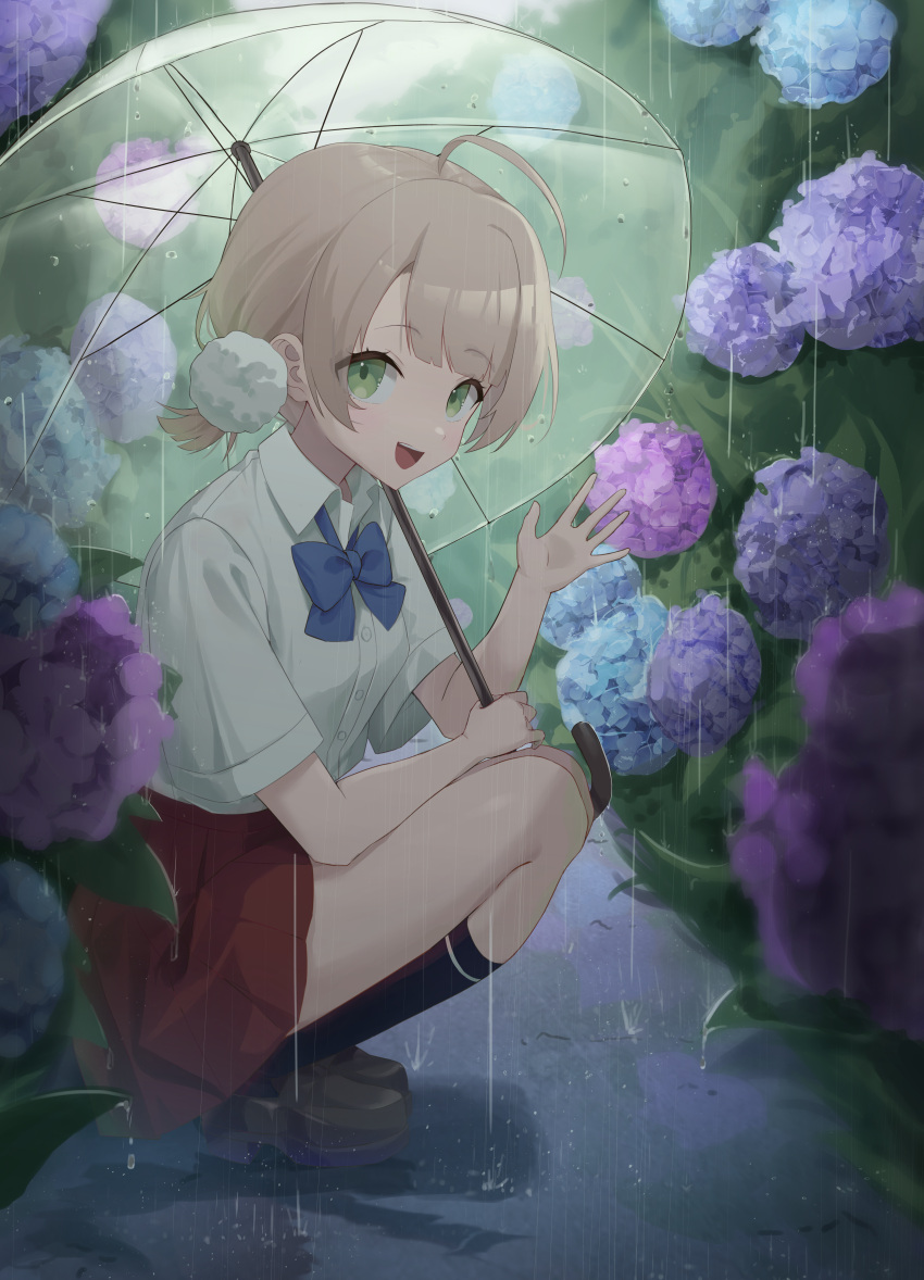 1girl, absurdres, ahoge, black_socks, blonde_hair, blue_bow, blue_bowtie, bow