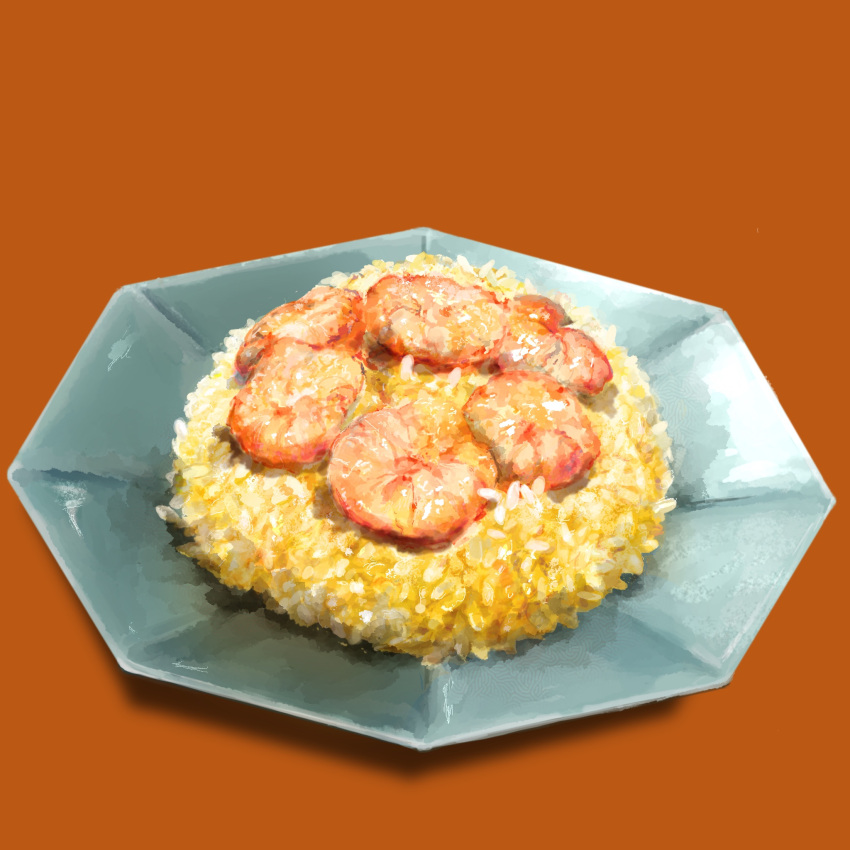brown_background, food, food_focus, fried_rice, highres, no_humans, onyo_(itoyokado_universe), original, plate, shrimp, simple_background, still_life