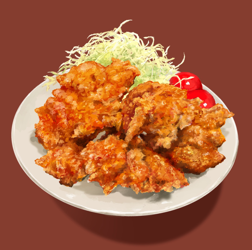 brown_background, cherry_tomato, chicken_(food), food, food_focus, fried_chicken, highres, no_humans