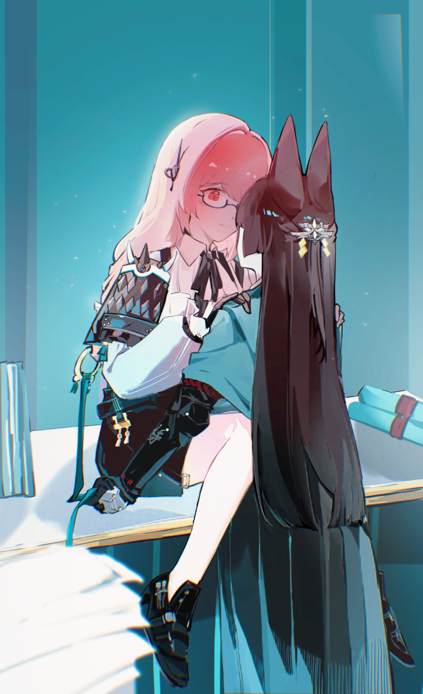 2girls, absurdres, animal_ears, armor, black_footwear, black_hair, black_skirt, blush