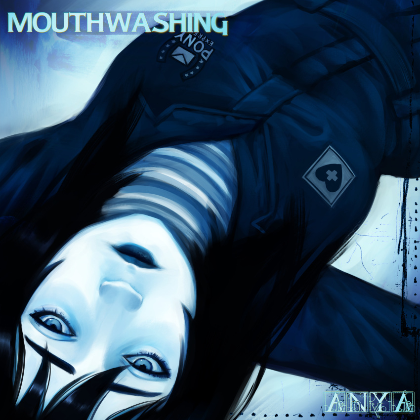 1girl, absurdres, anya_(mouthwashing), black_hair, blue_jumpsuit, blue_theme, character_name, copyright_name, daek64, english_commentary, heart, highres, jumpsuit, long_sleeves, lying, medium_hair, mouthwashing, on_back, solo