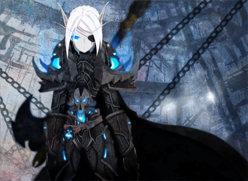 auer, blue_eyes, cape, chain, chains, death_knight, elf, eyepatch
