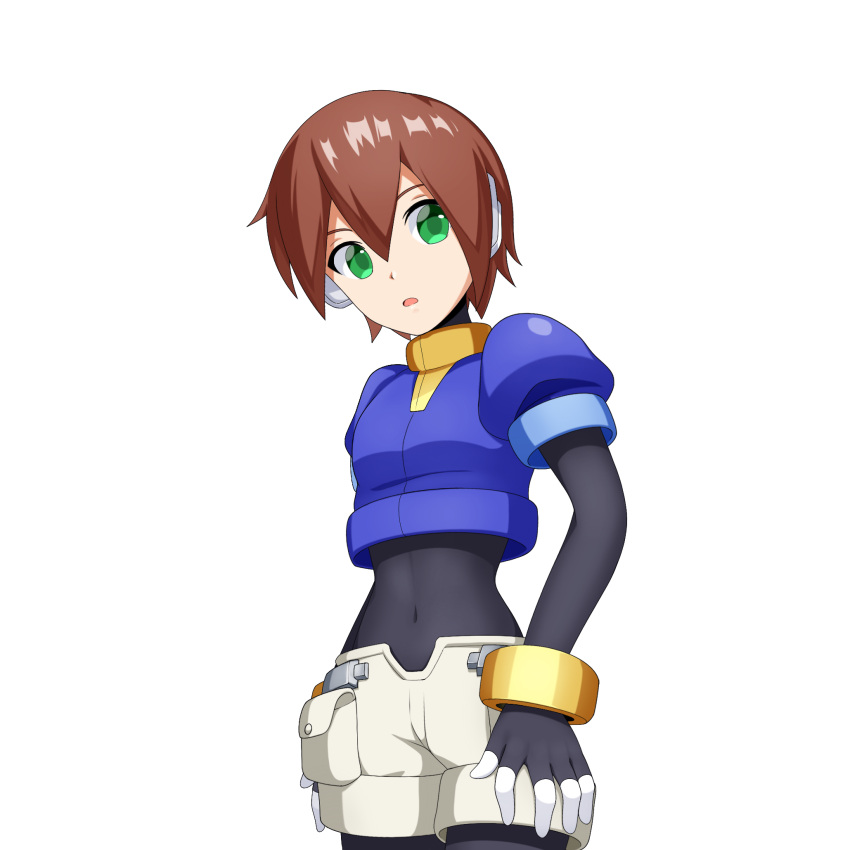1girl, aile_(mega_man_zx), black_bodysuit, blue_jacket, blush, bodysuit, brown_hair, cowboy_shot