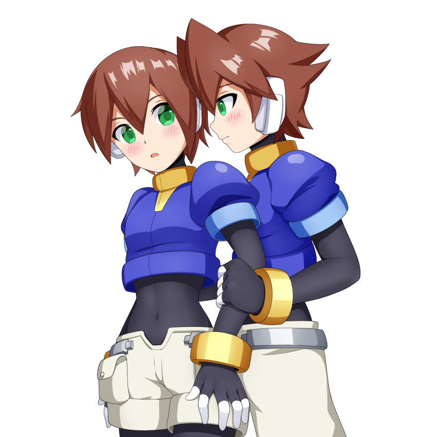 1boy, 1girl, aile_(mega_man_zx), black_bodysuit, blue_jacket, blush, bodysuit, brown_hair