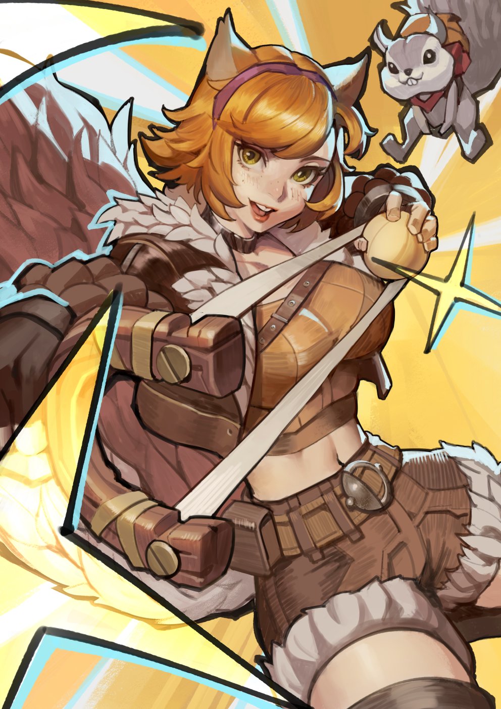 1girl, animal_ears, breasts, brown_hair, brown_jacket, brown_tail, crop_top, freckles
