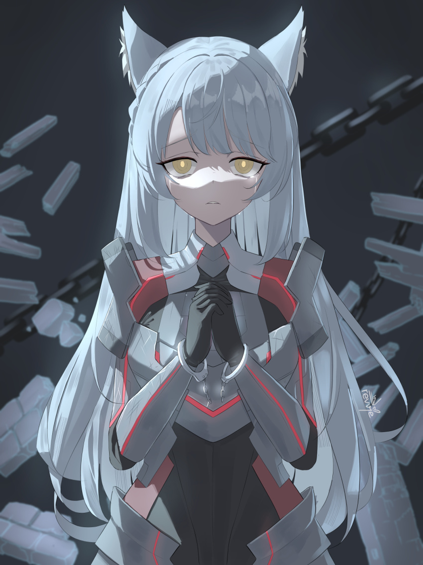 1girl, animal_ears, armor, black_background, black_bodysuit, black_gloves, bodysuit, broken_handcuffs