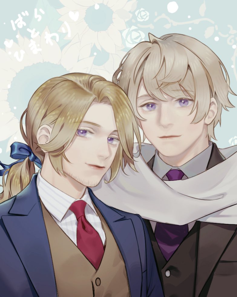 2boys, axis_powers_hetalia, black_vest, blonde_hair, blue_background, blue_bow, blue_jacket, bow