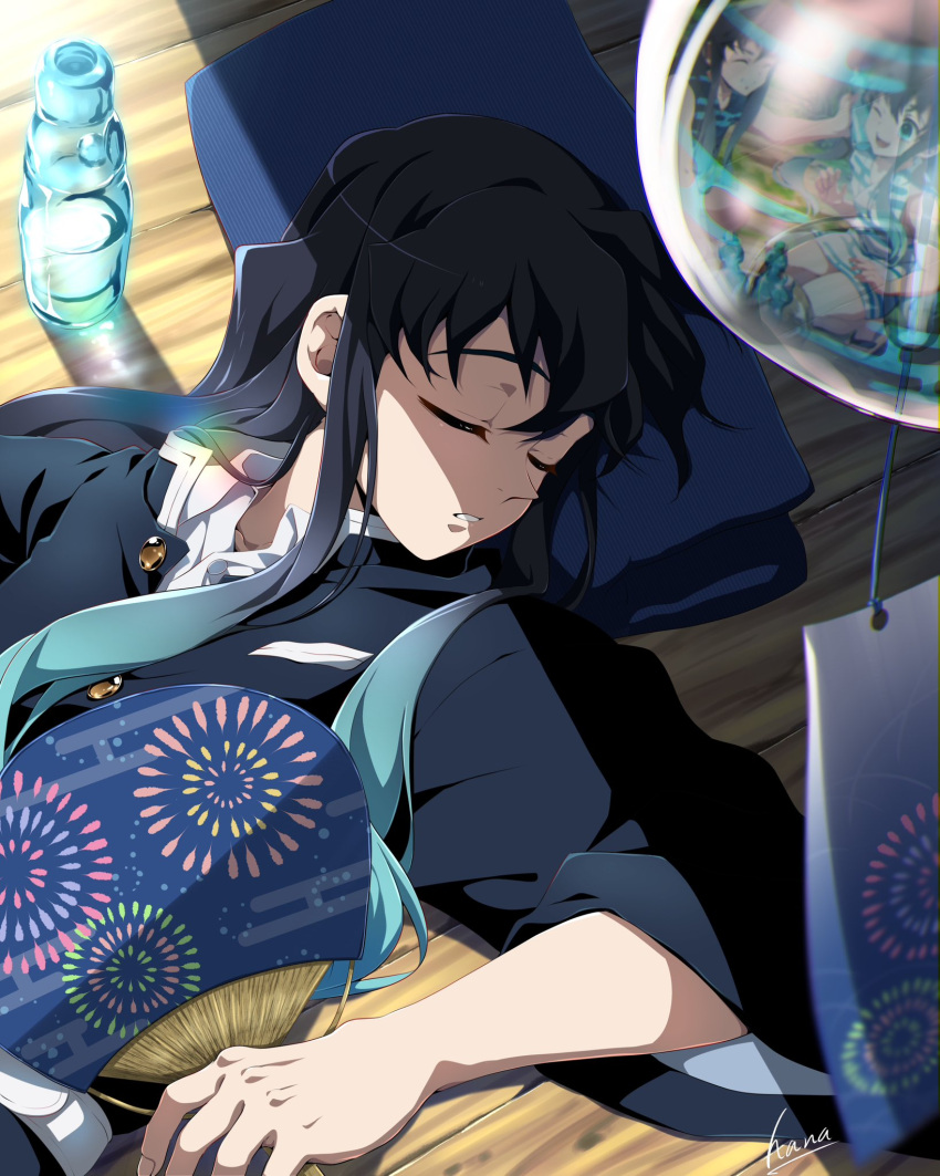 1boy, aqua_hair, belt, black_hair, black_jacket, blue_pillow, buttons, closed_eyes