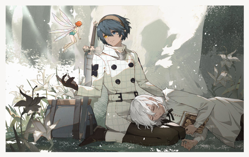 1girl, 2boys, black_gloves, blue_bag, blue_eyes, blue_hair, book, coat