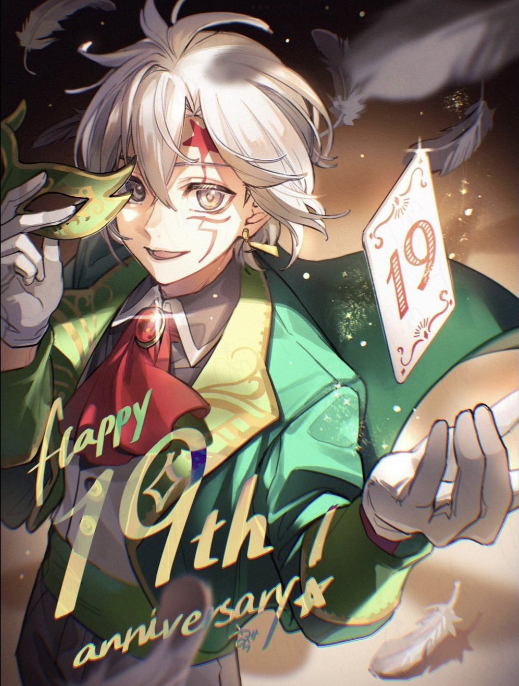 1boy, allen_walker, black_pants, black_shirt, card, d.gray-man, earrings, facial_mark