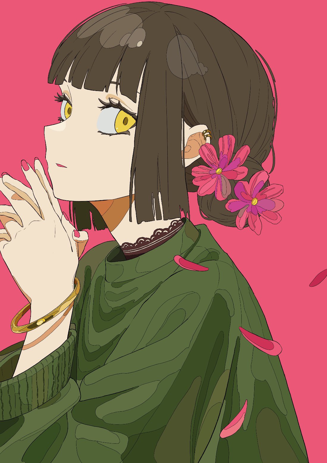 1girl, blunt_bangs, blunt_ends, bracelet, brown_hair, brown_pupils, color_contrast, cosmos_(flower)