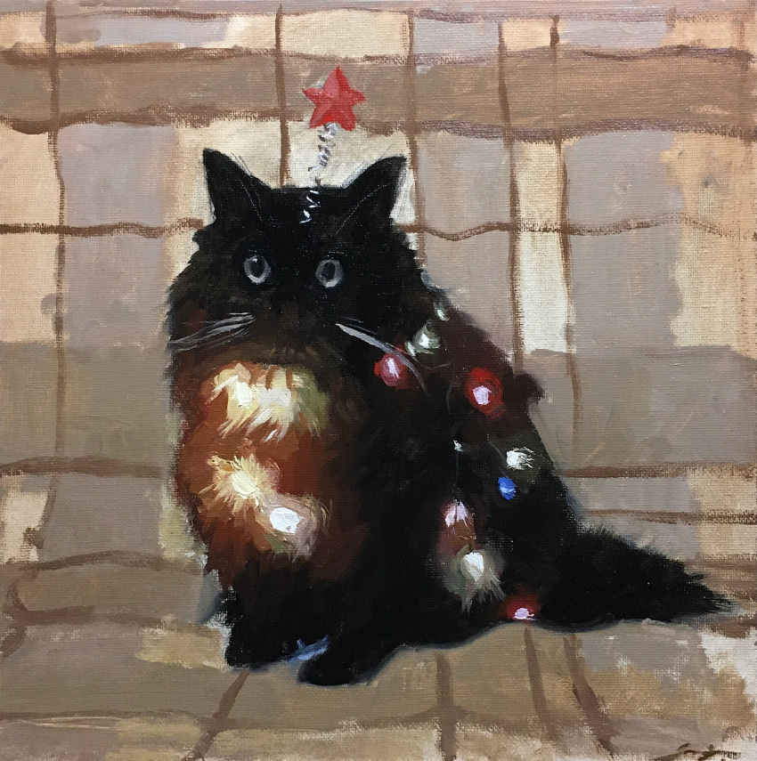 absurdres, animal, animal_focus, black_cat, cat, christmas_lights, highres, original, sergiarts, spring_(object), star_(symbol), whiskers