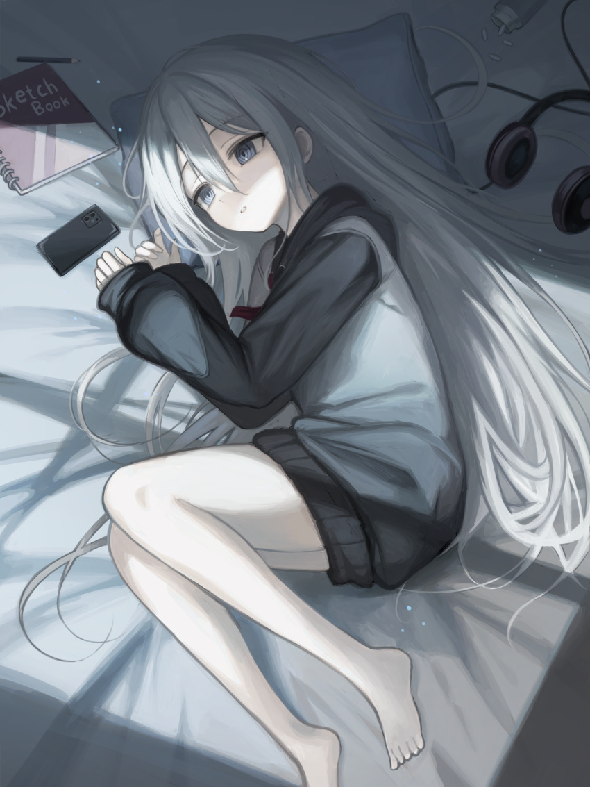 1girl, absurdres, barefoot, bed, blue_eyes, cellphone, commentary_request, headphones