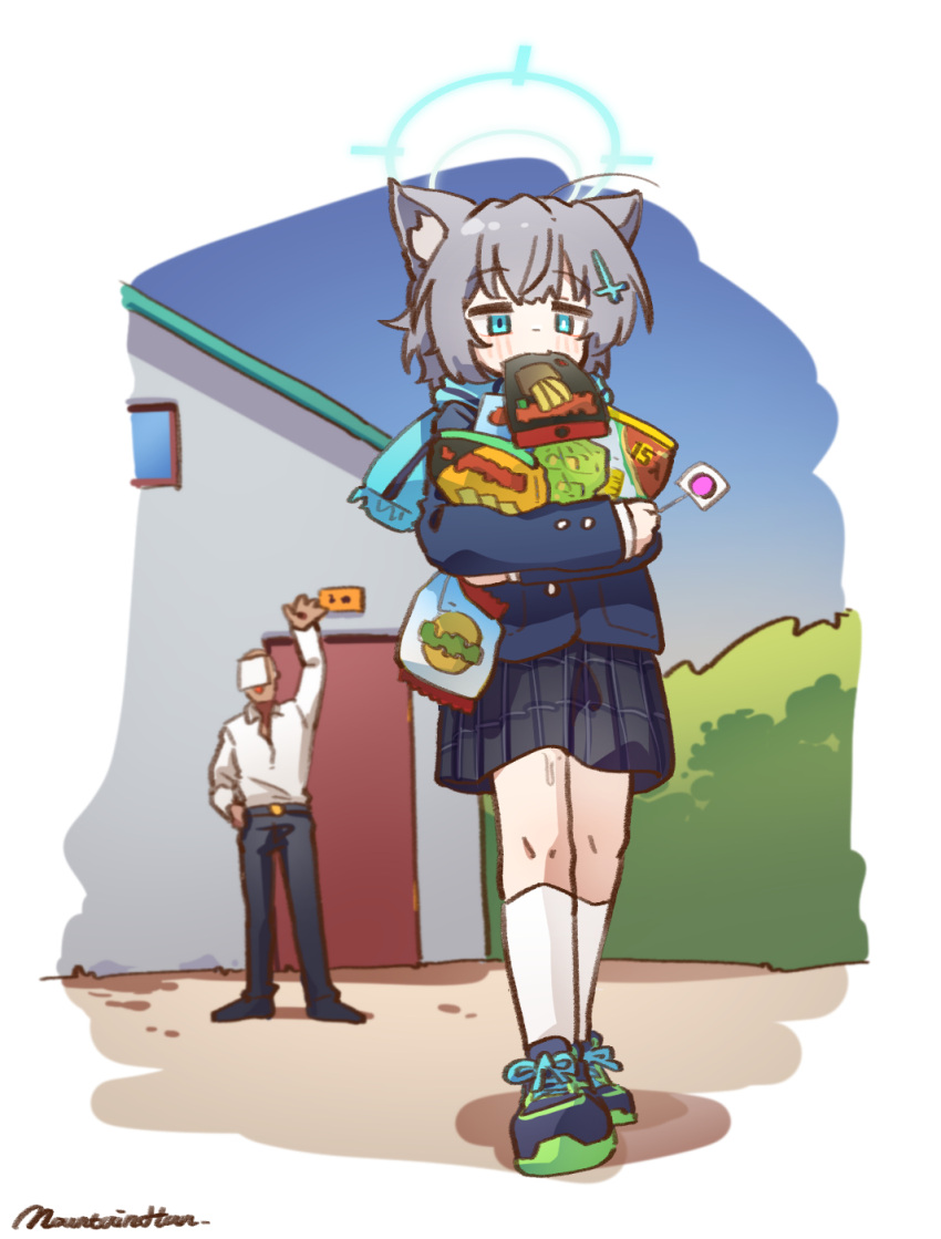 1boy, 1girl, ahoge, animal_ear_fluff, animal_ears, aqua_scarf, arm_up, black_footwear, black_pants, black_skirt, blazer, blue_archive, blue_eyes, blue_halo, blue_jacket, blush, candy, chips_(food), cross_hair_ornament, dark-skinned_male, dark_skin, dress_shirt, facing_viewer, food, food_in_mouth, full_body, grey_hair, hair_between_eyes, hair_ornament, halo, hand_in_pocket, highres, holding, holding_candy, holding_food, holding_lollipop, jacket, kneehighs, lollipop, mask, medium_hair, mismatched_pupils, mountain_han, mouth_hold, no_necktie, outdoors, pants, plaid_clothes, plaid_skirt, pleated_skirt, scarf, sensei_(blue_archive), shiroko_(blue_archive), shiroko_(young)_(blue_archive), shirt, shoes, signature, skirt, sneakers, socks, standing, striped_clothes, striped_scarf, walking, waving, white_shirt, white_socks, wolf_ears