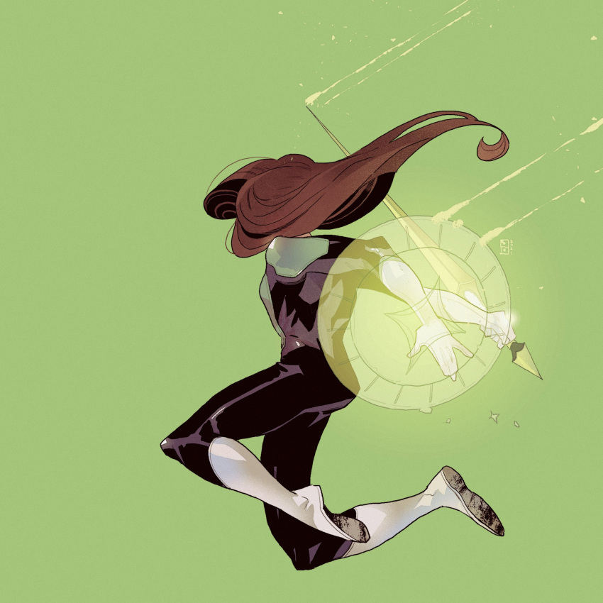 1girl, back, bodysuit, boots, commentary, dc_comics, floating_hair, full_body