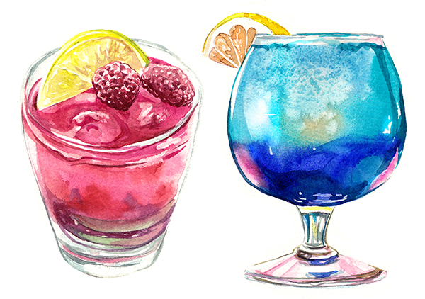 alcohol, camila_picheco, cocktail, commentary, cup, drinking_glass, english_commentary, food, food_focus, fruit, ice, ice_cube, lemon, lemon_slice, no_humans, original, painting_(medium), raspberry, simple_background, traditional_media, watercolor_(medium), white_background