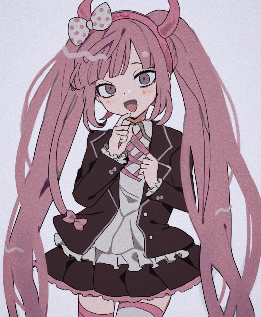 1girl, bad_id, bad_twitter_id, black_jacket, black_skirt, blazer, blunt_bangs, bow