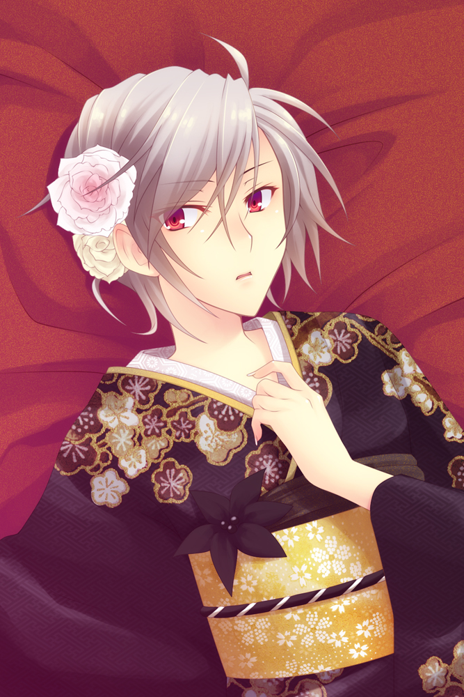 1girl, alternate_costume, androgynous, babysmile7_(artist), blush, flower, hair_flower, hair_ornament