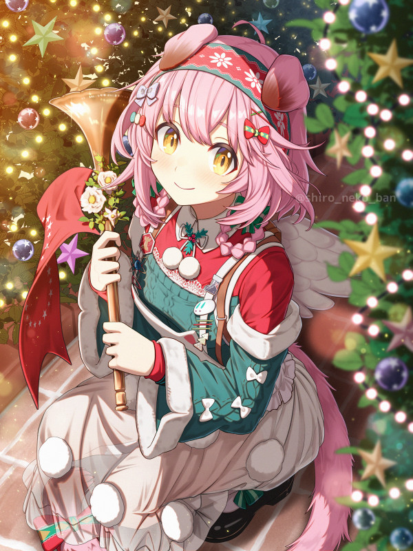 1girl, animal_ears, arknights, blush, bow, braid, christmas, christmas_lights
