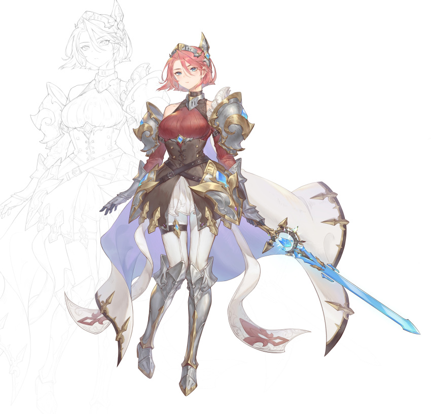 1girl, absurdres, armor, armored_boots, asymmetrical_bangs, bare_shoulders, blue_eyes, blue_gemstone