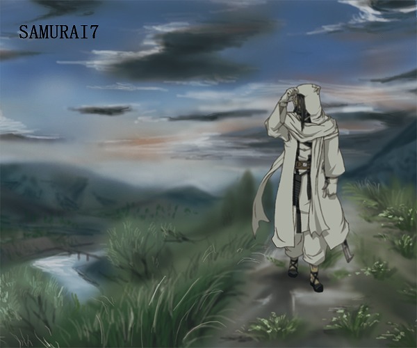 cloak, cloud, clouds, grass, kambei_shimada, river, samurai, samurai_7