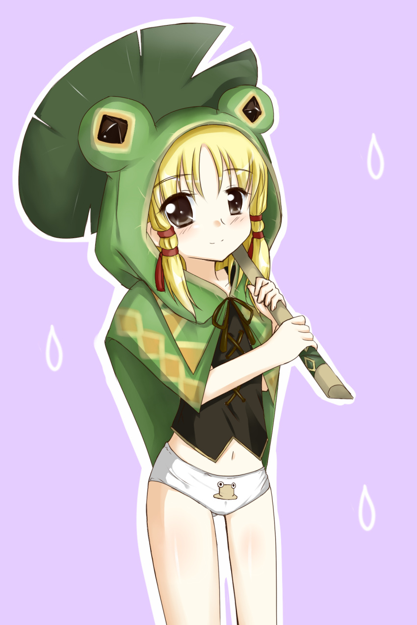 animal_costume, blonde_hair, capelet, felyne, frog_costume, highres, hood, kazari_s, leaf_umbrella, monster_hunter, monster_hunter_portable_3rd, moriya_suwako, no_pants, panties, print_panties, pyonta, short_hair, solo, touhou, underwear, white_panties