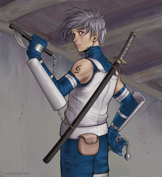 gloves, grey_hair, hatake_kakashi, katana, kusarigama, looking_back, male, naruto