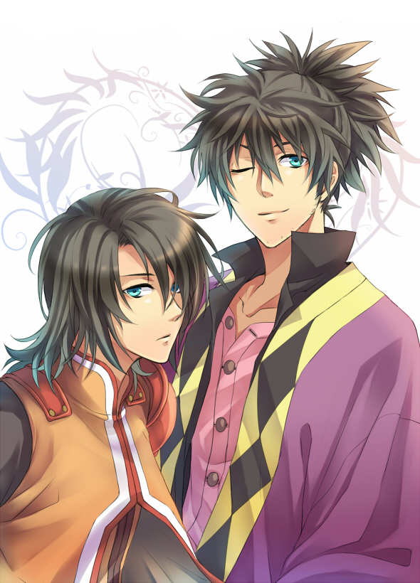 black_hair, dual_persona, green_eyes, juu_ya, long_hair, male, multiple_boys, ponytail