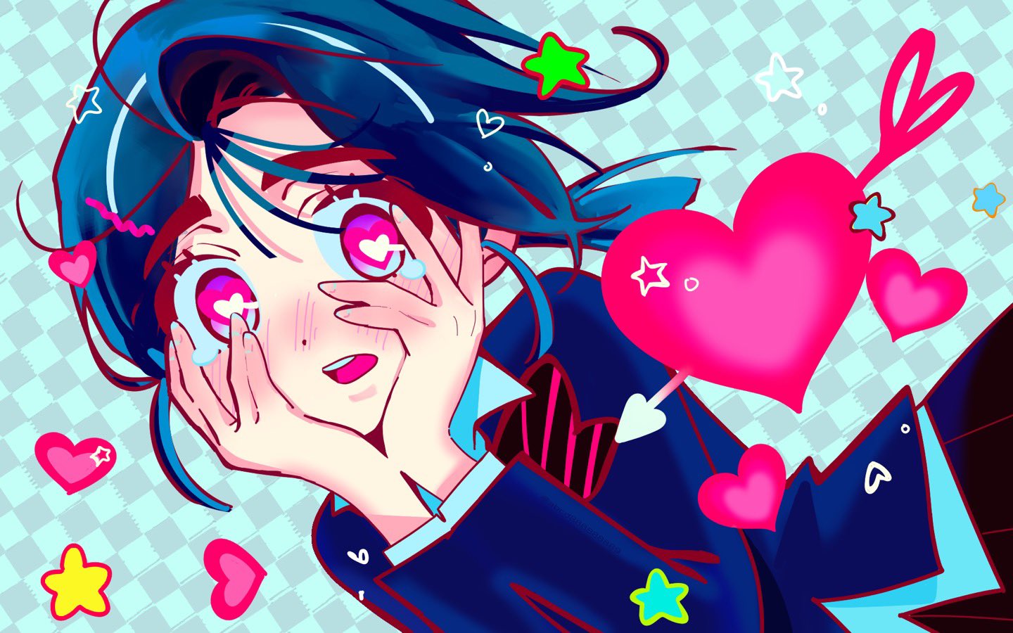 1girl, abcd888888889, alien_stage, arrow_through_heart, black_hair, black_skirt, blue_background, blue_jacket