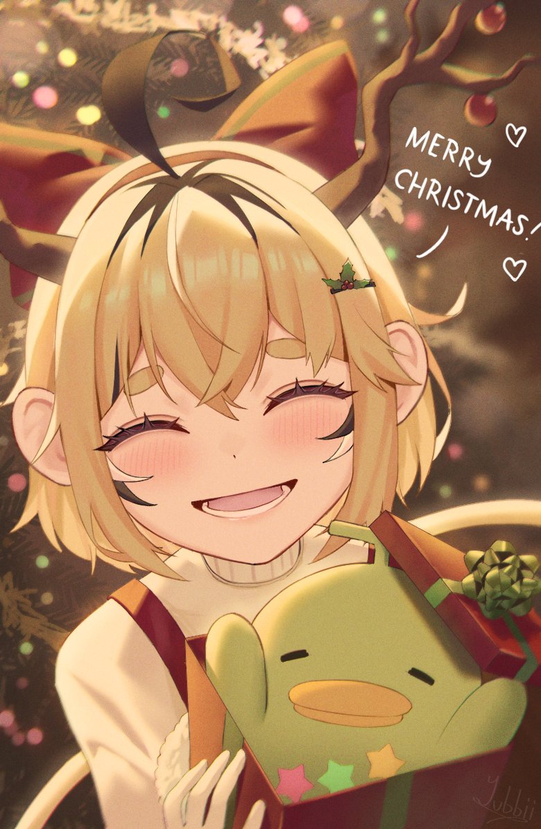 1girl, ahoge, antlers, black_hair, blonde_hair, box, christmas, christmas_present