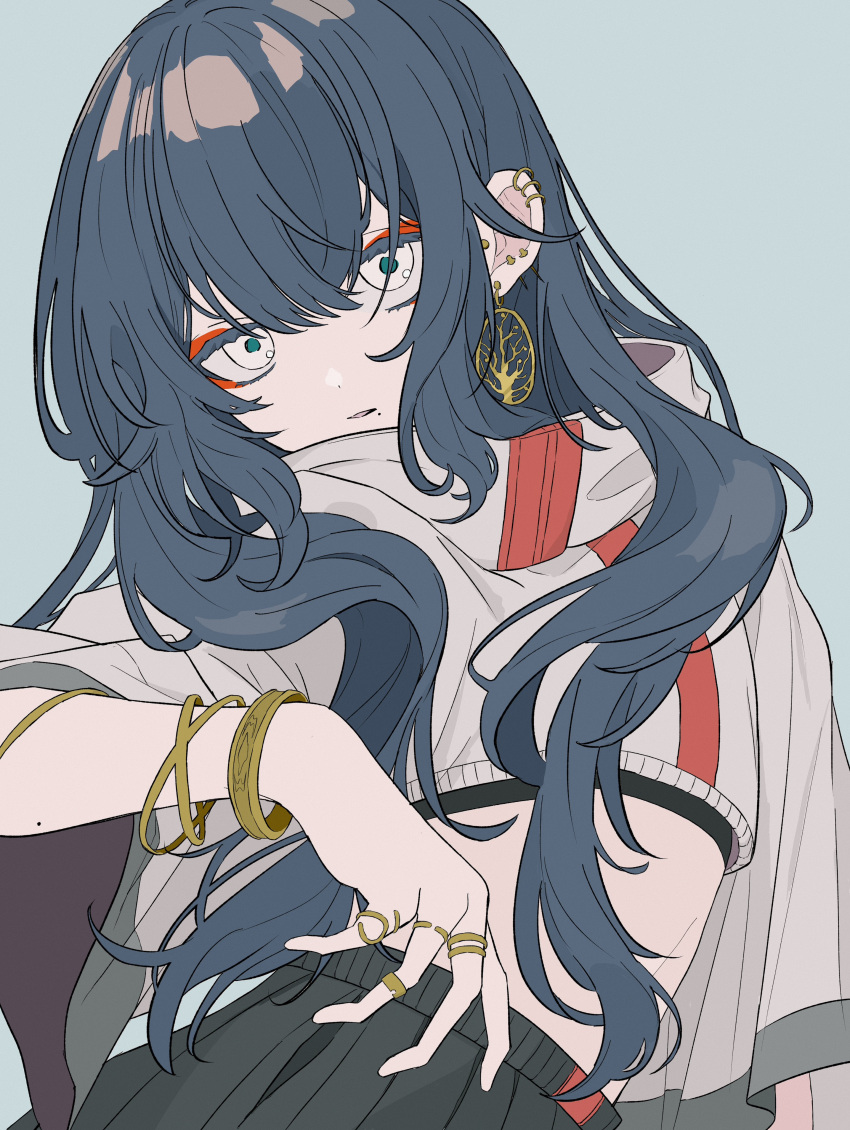 1girl, absurdres, arched_back, arm_at_side, black_hair, black_skirt, black_theme, blue_background