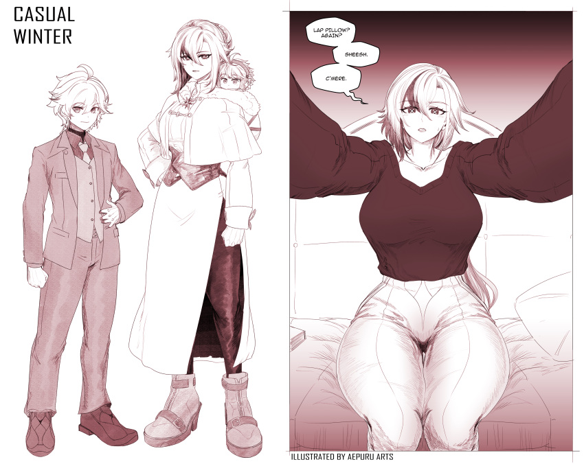1boy, 2girls, absurdres, aepuru_arts, aether_(genshin_impact), arlecchino_(genshin_impact), bed, cross-shaped_pupils, father_and_daughter, genshin_impact, highres, husband_and_wife, jacket, lap_pillow_invitation, long_hair, looking_at_viewer, monochrome, mother_and_daughter, multicolored_hair, multiple_girls, pov, reaching, reaching_towards_viewer, short_hair, simple_background, sitting, standing, sweat, symbol-shaped_pupils, tall_female, thigh_gap, very_long_hair, white_background, white_hair, wide_hips