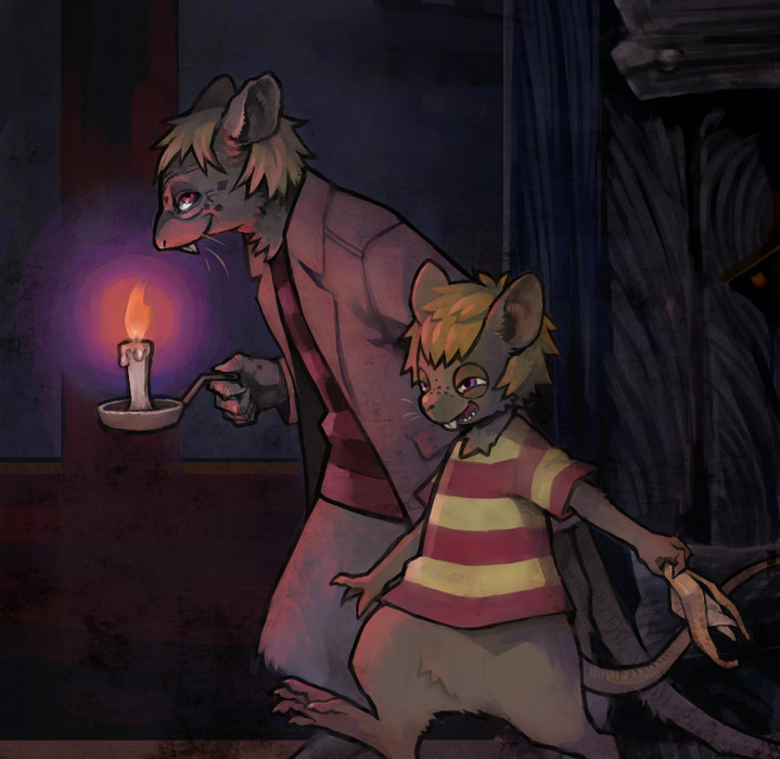 2boys, banana_peel, blonde_hair, body_fur, brown_fur, candle, child, coat
