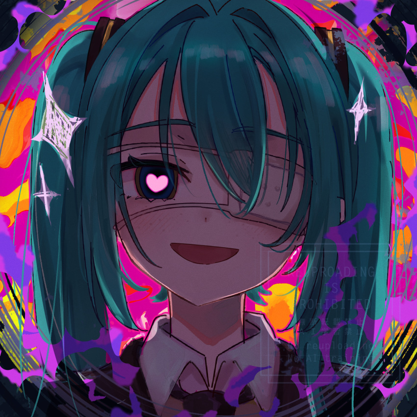 1girl, aqua_hair, blush, collared_shirt, commentary, dated_commentary, eyepatch, h_raj_(pixiv_93311327)
