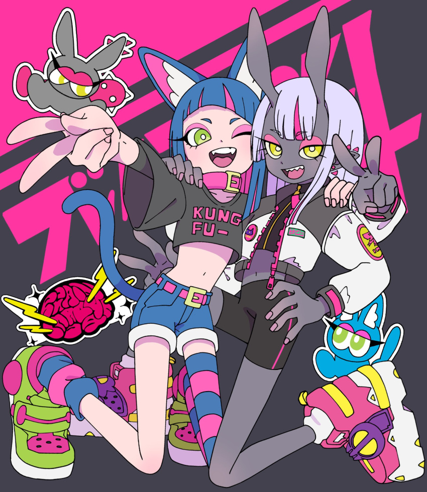 2girls, :d, ;d, animal_ears, belt, black_shorts, blue_hair, cat_ears