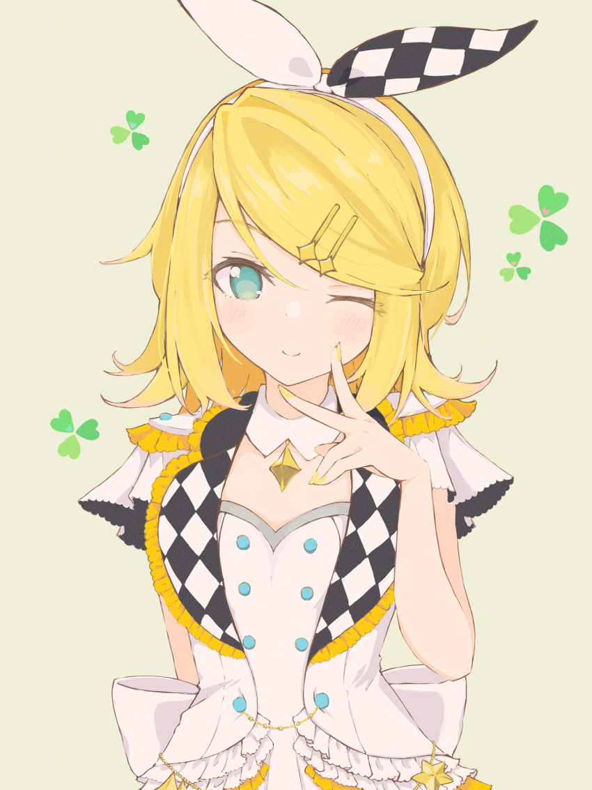 1girl, aqua_eyes, arm_behind_back, back_bow, black_hairband, blonde_hair, bow, bow_hairband