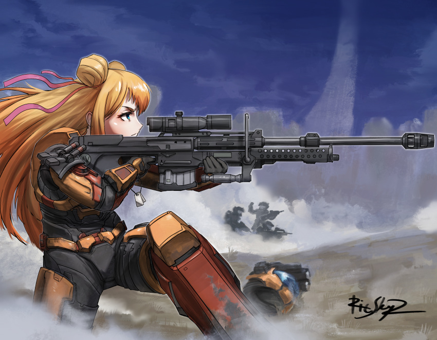 >:(, 1girl, absurdres, adapted_costume, aiming, blue_eyes, double_bun, gun