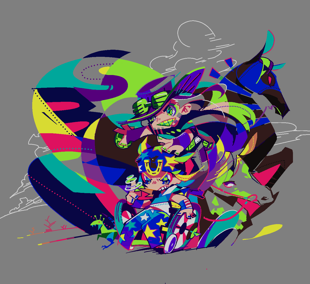 2boys, animal, clouds, colorful, commentary_request, cowboy, cowboy_hat, deformed