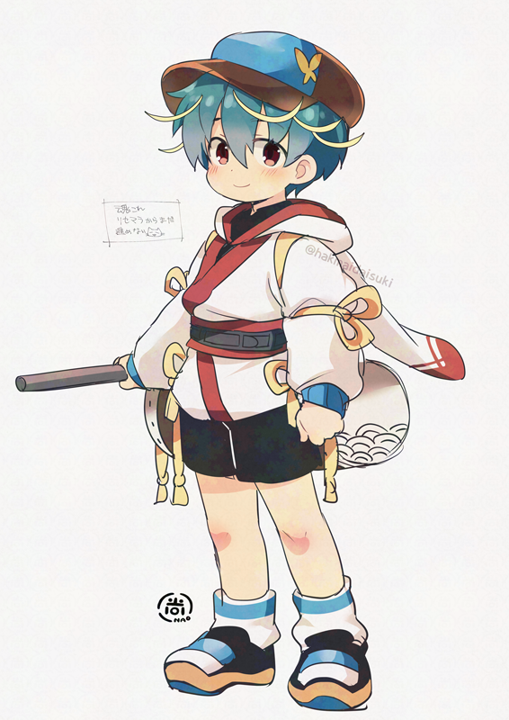 1boy, artist_logo, artist_name, black_footwear, black_shorts, blue_hat, blush, butterfly_ornament, commentary_request, drumsticks, hat, holding, holding_stick, hood, hood_down, jacket, logo, looking_at_viewer, male_focus, multicolored_hair, nao_(necomugi), oki_(tamacolle), red_eyes, shorts, smile, stick, tamacolle, translation_request, white_background, white_jacket