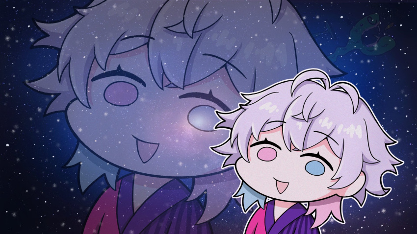 1boy, blue_eyes, blue_hair, chibi, chibi_only, coat, english_commentary, galaxy_background