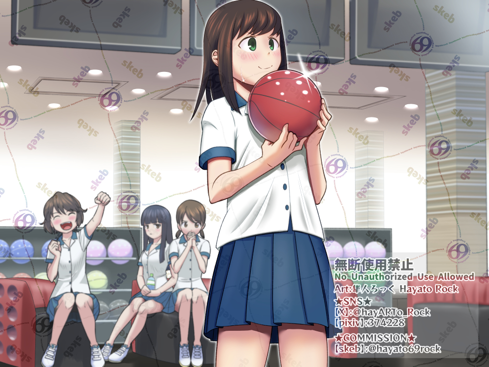 4girls, ball, black_hair, blue_skirt, bowling_ball, collared_shirt, commentary_request, commission