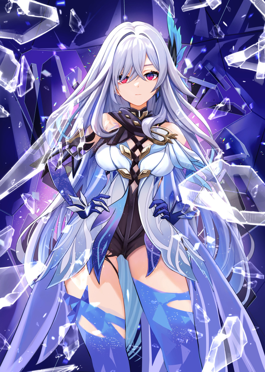 1girl, absurdres, back_fin, bare_shoulders, black_hole, black_unitard, blue_thighhighs, breasts