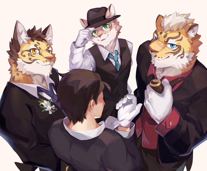 4boys, animal_ear_fluff, animal_ears, back_turned, black_coat, black_hat, black_pants, black_vest