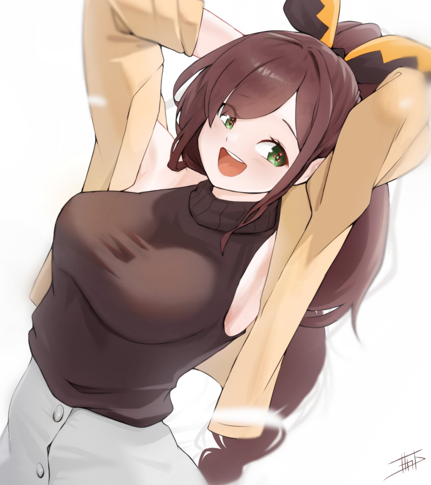 1girl, arms_behind_head, birthday, breasts, brown_hair, cardigan, contemporary, extra_pupils