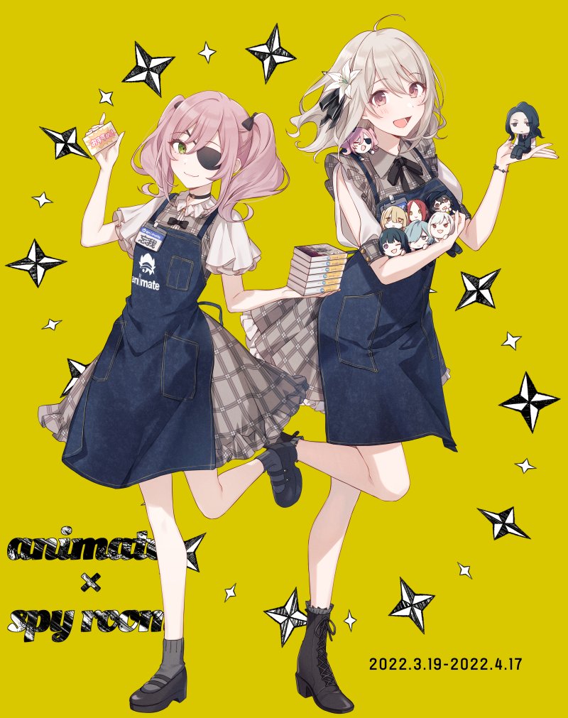 2girls, :d, ahoge, annette_(spy_kyoushitsu), apron, black_footwear, black_ribbon, blouse, blue_apron, book, character_request, chibi, chibi_inset, closed_mouth, copyright_name, dated, doll, eyepatch, flower, green_eyes, grete_(spy_kyoushitsu), grey_hair, grey_socks, hair_flower, hair_ornament, holding, holding_book, holding_doll, klaus_(spy_kyoushitsu), leg_up, light_blush, lily_(spy_kyoushitsu), looking_at_viewer, medium_hair, monika_(spy_kyoushitsu), multiple_girls, open_mouth, original, pink_hair, red_eyes, ribbon, sara_(spy_kyoushitsu), shirt, short_sleeves, simple_background, smile, socks, spy_kyoushitsu, standing, standing_on_one_leg, star_(symbol), sybilla_(spy_kyoushitsu), thea_(spy_kyoushitsu), tomari_(veryberry00), twintails, white_shirt, yellow_background